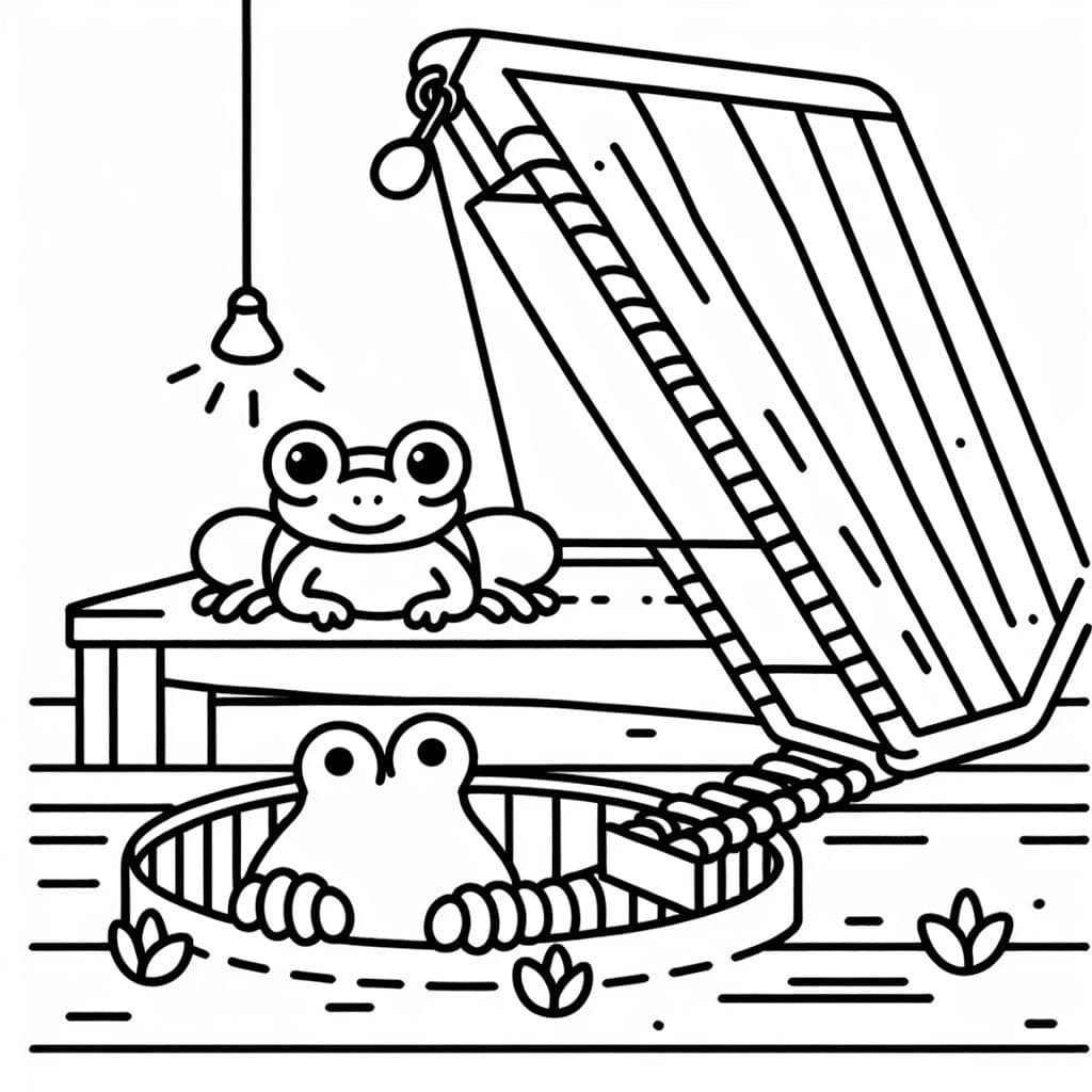 A toad that has fallen into a trapdoor provides a fun and creative coloring page for children.