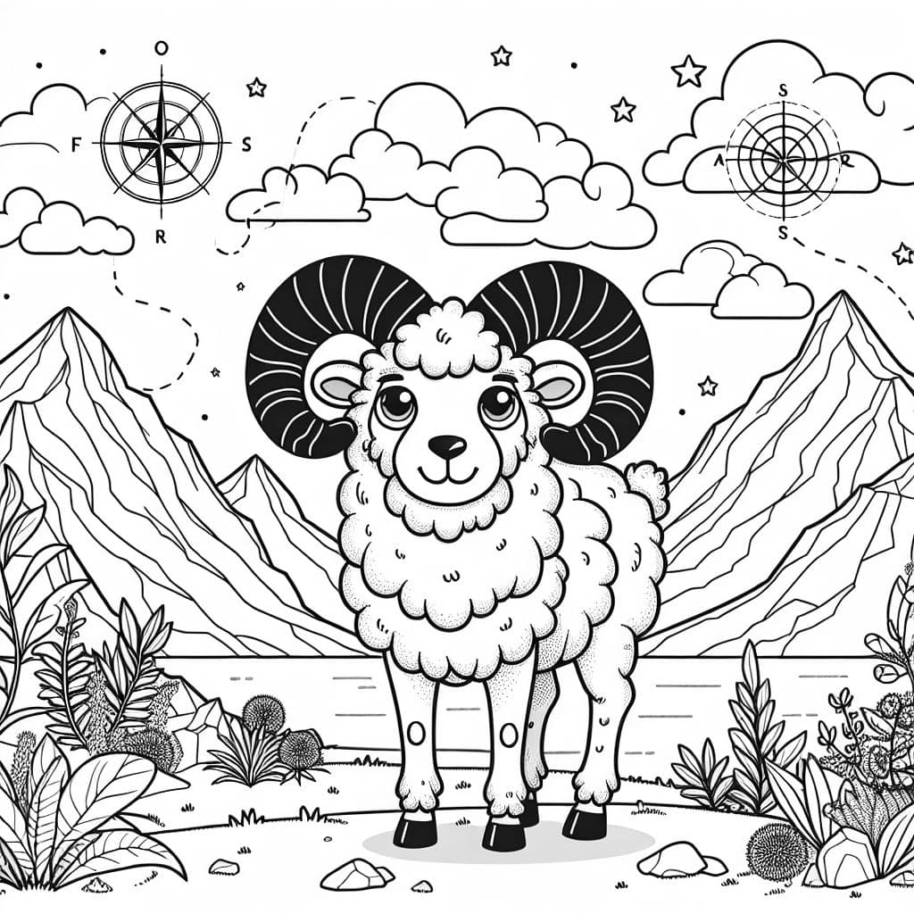 Black and white line drawing, coloring book style, no shading, clean and smooth outlines. Simple but detailed, designed for kids (ages 7-12). A friendly and cartoonish ram with large curved horns, standing confidently on a mountain landscape. The background includes easy-to-color mountains, complete and natural-looking plants, and a few simple easy to color clouds and stars. DO NOT INCLUDE: compass, astrological charts or signs.