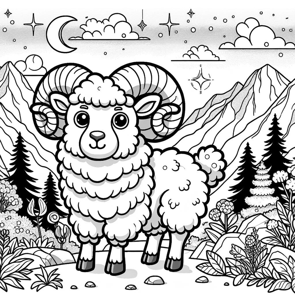 Black and white line drawing in coloring book style, no shading, high contrast, clean and smooth outlines. Simple yet detailed, designed for kids ages 7-12. A friendly, cartoonish ram with large curved horns stands confidently in a mountain landscape. The background includes easy-to-color mountains, complete and natural-looking plants, and a few simple clouds and stars. DO NOT INCLUDE: compass, astrological charts or signs, navigation symbols. Everything should be in a fun, drawable coloring book style, optimized for A5, centered composition.