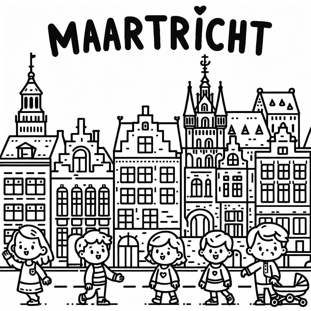 Maastricht, the city in Netherlands. I want it to say "Maastricht" at the top, with easy to color cartoon figures underneath, with buildings and architecture that represent maastricht. Dont make it too hard to color, imagine its supposed to be colored by a 12 year old. Make sure you write "Maastricht" at the top