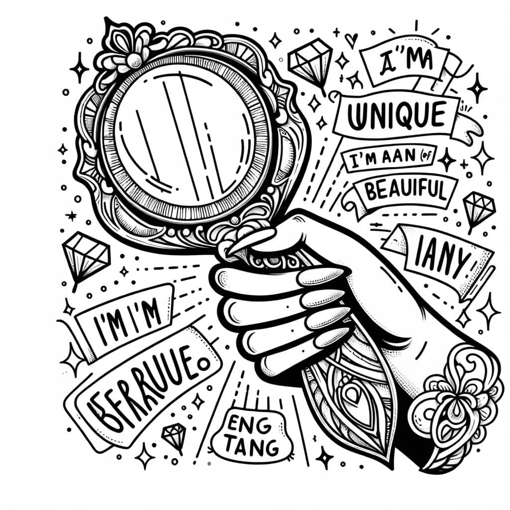 The words "I'm a strange lipstick color, I'm the shimmer in cheap shampoo, I'm a shoplifted beauty product, I'm eyeliner on the back of a hand, I'm a blue finger from a cheap ring, I'm glitter you can't get off your skin, I'm beautiful in the most disgusting ways; and I'm never going to die" with a forearm and a hand holding an intricate hand mirror, the hand is dainty with medium long fingernails