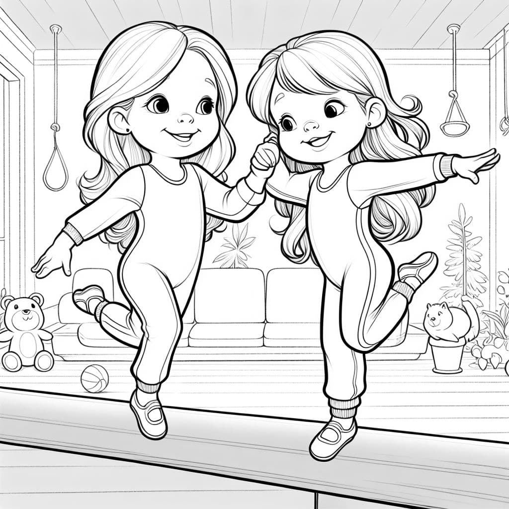 two friends who are four year old girls with long hair wearing leotards with sweatpants over balance on the balance beam together