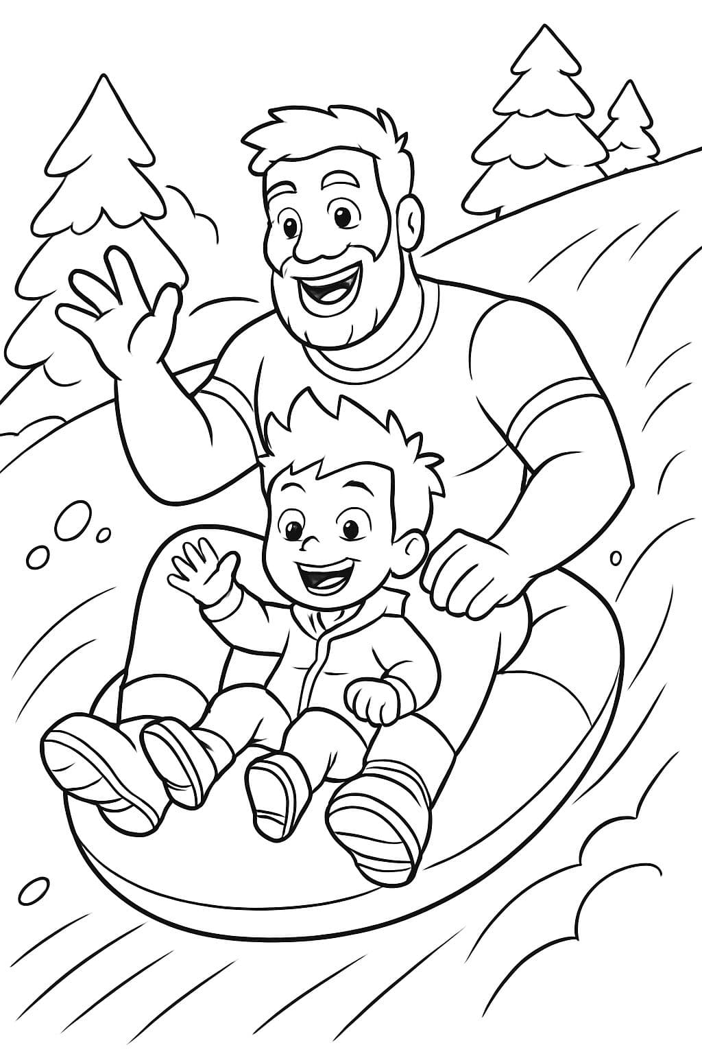 A 37 year old muscular bearded father and his 3 year old spikey haired son sledding on a tube down a snowy ramp.