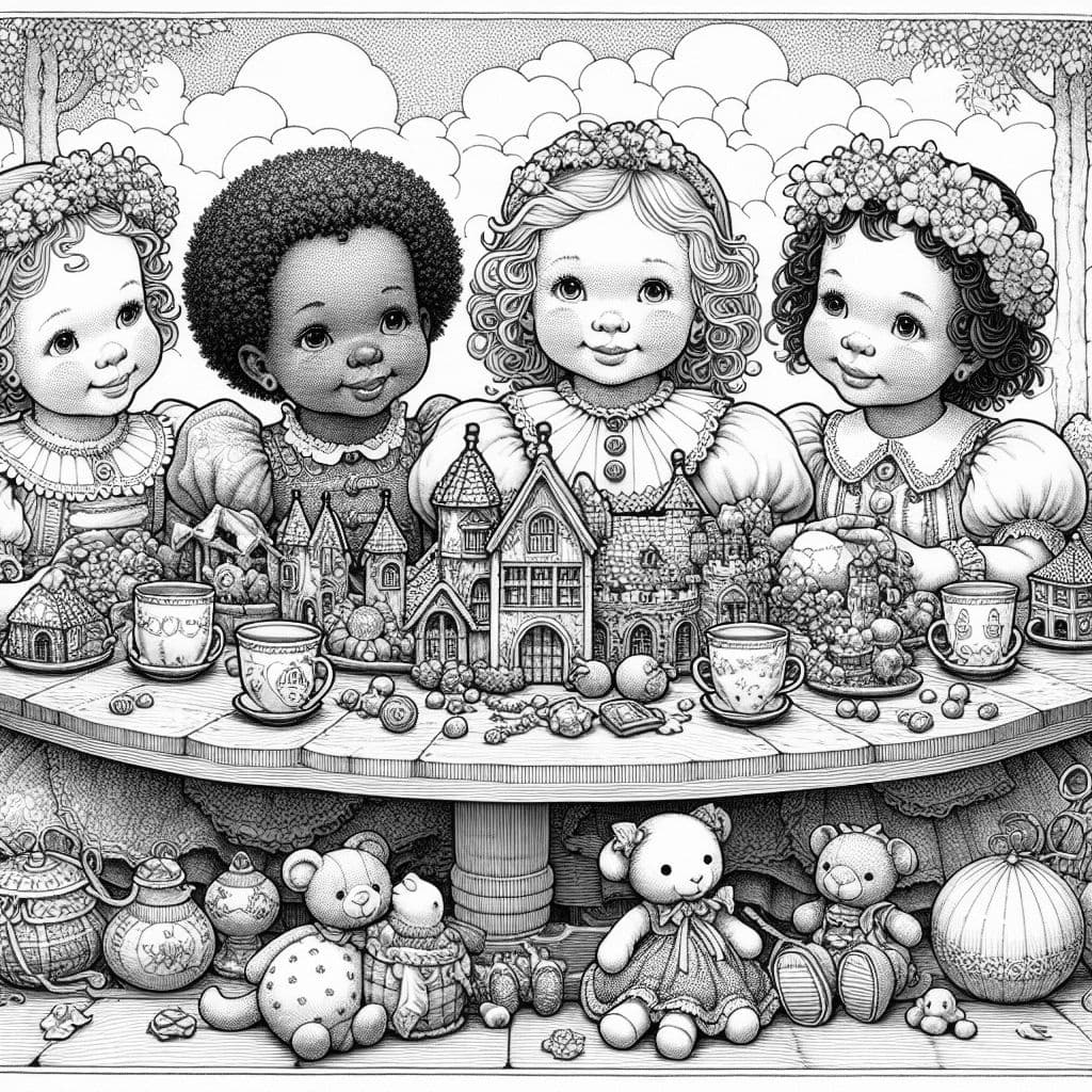 cute little girls in fancy clothes sitting around a big table with different cute objects on it