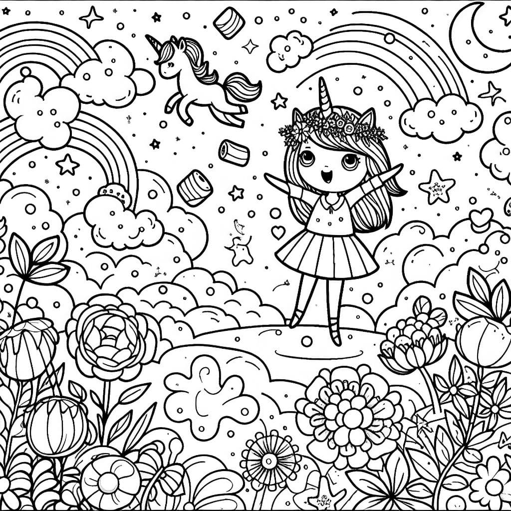 kleines mädchen, das auf einem einhornplanet wohnt. da gibt es viele tolle blumen und marschmellows fliegen durch die luft.