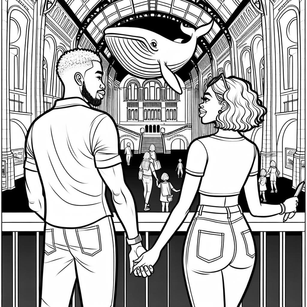Inside the american natural history museum, there is an man with a short beard wearing a short sleeve shirt and a woman with medium length hair wearing a cropped shirt and jeans holding hands, both facing away and are overlooking a railing that faces the display exhibits. You can only see them waist up and from a downward angle. The exhibit in the middle is of a whale on the ceiling. they are drawn cartoony. the man is only a little taller than the woman.