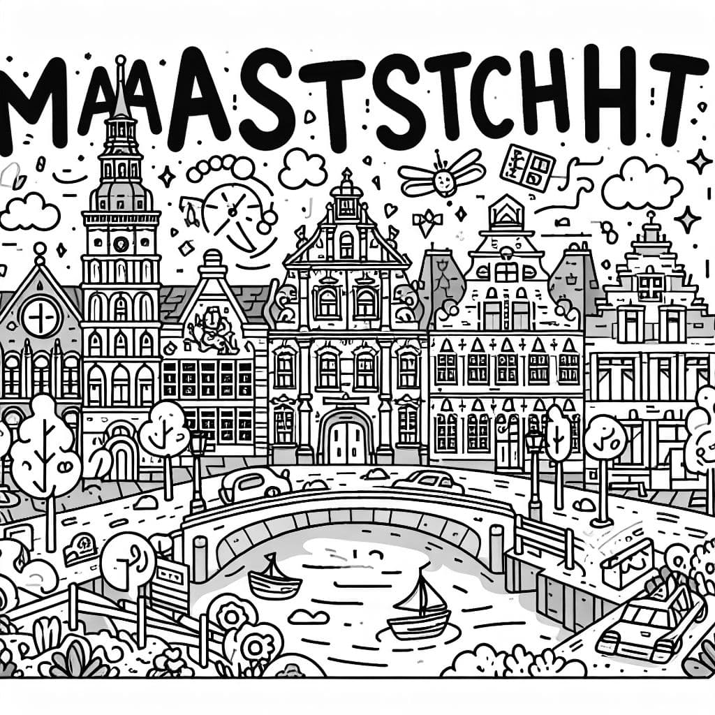 maastricht, the city in Netherlands. I want it to say "Maastricht" at the top, with easy to color cartoon figures underneath, with buildings and architecture that represent maastricht. Dont make it too hard to color, imagine its supposed to be colored by a 12 year old. Dont make it too complicated