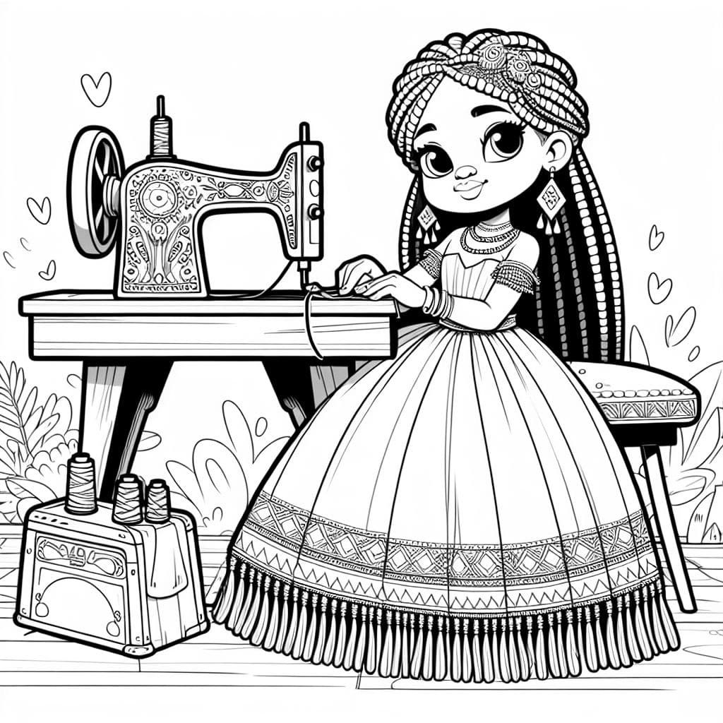an african american princess with braids, and a long dress with fringes at the bottom sitting at a table with a sewing machine