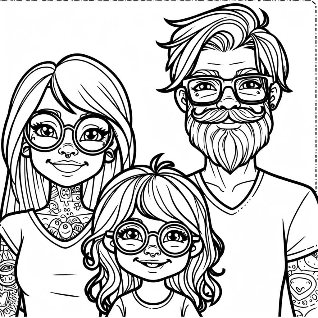Mom with tattoos and glasses and long hair, dad with a beard and glasses and a few tattoos, and a 5-year-old daughter with shoulder-length curly hair.