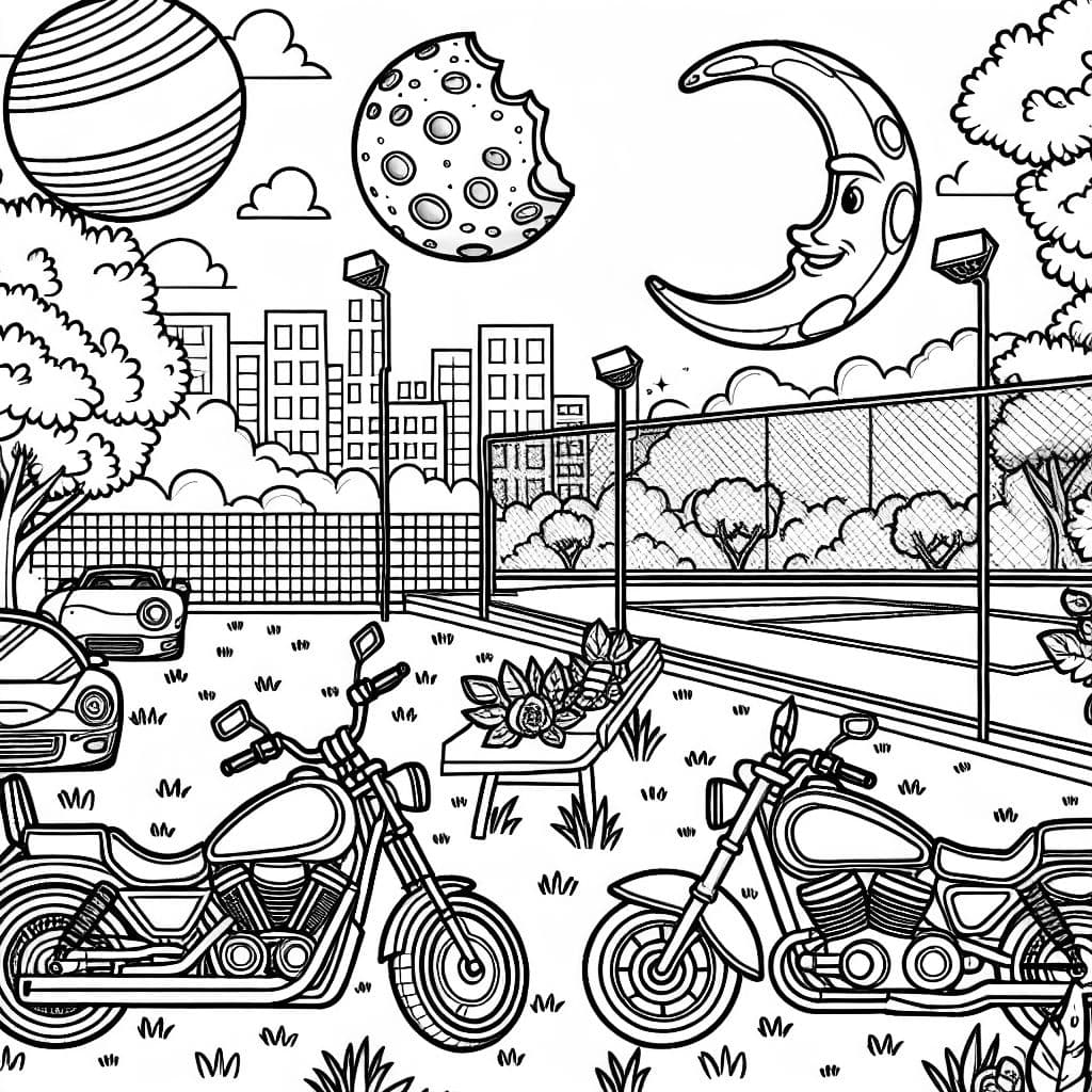 two motorcycles at a park; tennis court on the left; basketball court on the right; full moon in the sky; half moon in the sky; banana moon in the sky