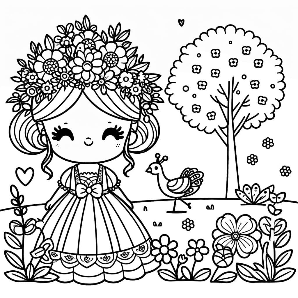 a princess with flowers in her hair and a dress with a bow in a garden with lots of flowers and a peacock