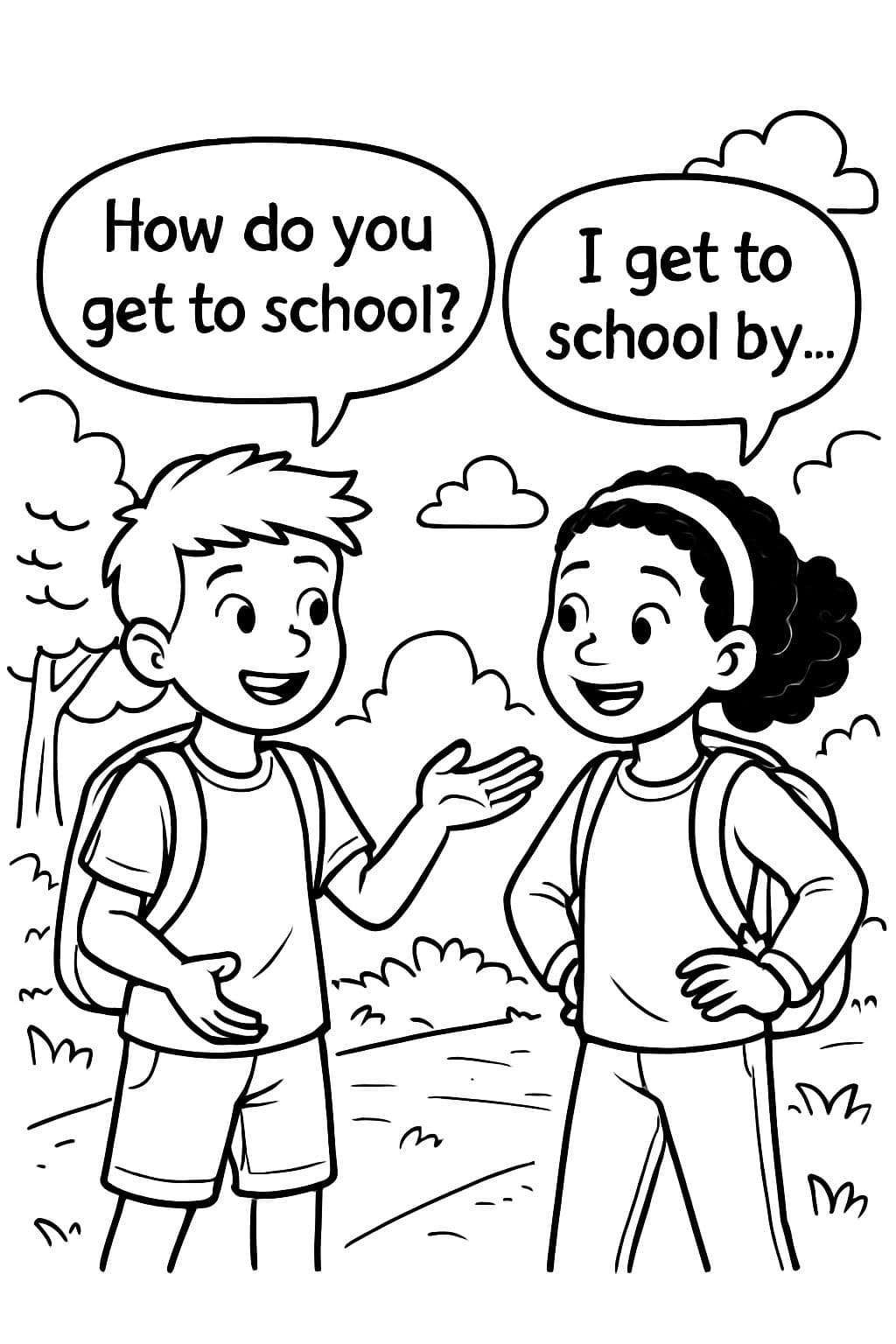 Two children facing each other with speech bubbles. In one speech bubble it says: How do you get to school? In the other speech bubble it says: I get to school by ...