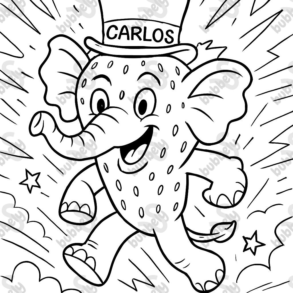 un éléphant fraise avec un haut de forme qui dit "Carlos". un éléphant fraise avec un haut de forme qui dit "Carlos".