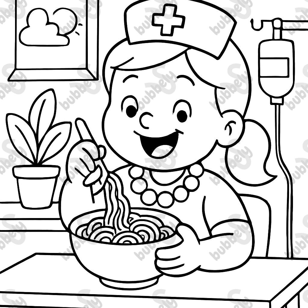 Krankenschwester, die Nudeln mit einer großen Halskette isst. Krankenschwester, die Nudeln mit einer großen Halskette isst.