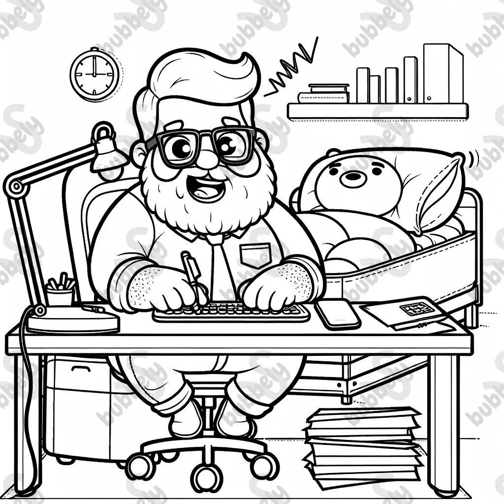 einen dicken Büro Mann mit Vollbart und Brille der am fressen ist und in einem elektrischen Bett am Tisch arbeitet einen dicken Büro Mann mit Vollbart und Brille der am fressen ist und in einem elektrischen Bett am Tisch arbeitet