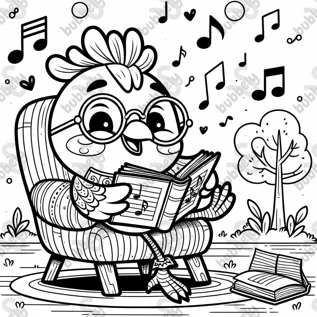 einen Vogel der gemütlich auf seinem Stuhl sitzt und die Beine überschlagen hat. Er hat ein Gesangsbuch in der Hand und eine Lesebrille auf und zwitschert fröhlich Lieder. einen Vogel der gemütlich auf seinem Stuhl sitzt und die Beine überschlagen hat. Er hat ein Gesangsbuch in der Hand und eine Lesebrille auf und zwitschert fröhlich Lieder.