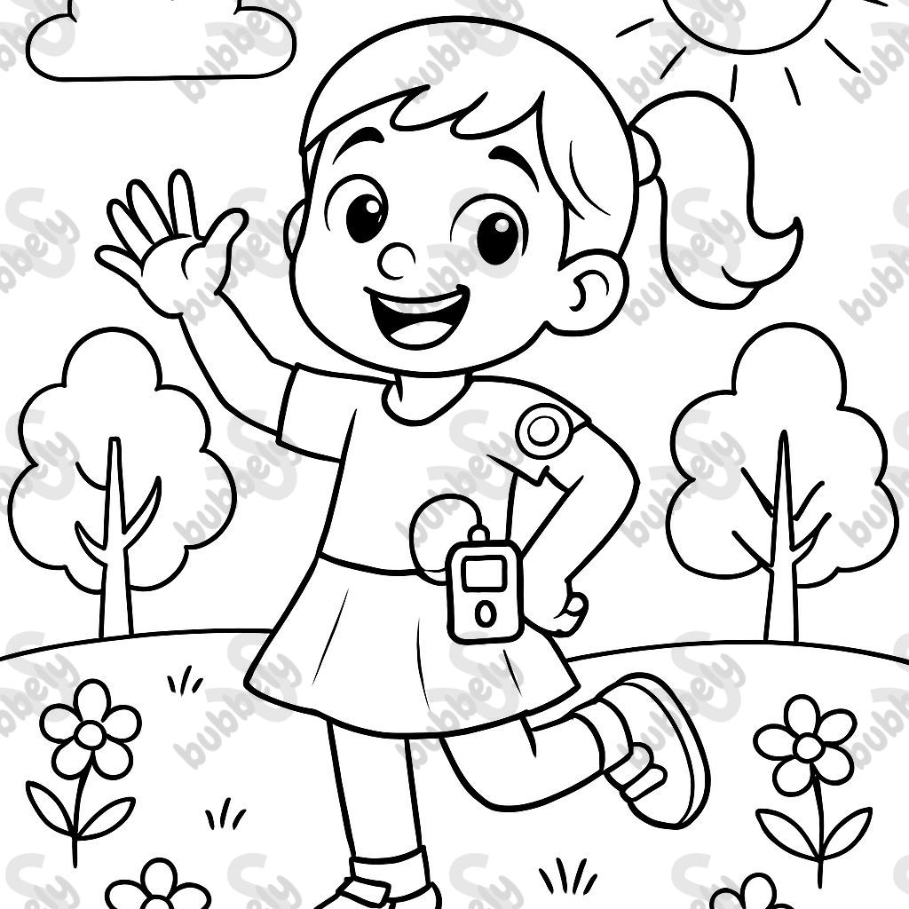 Niña diabética con bomba y sensor Niña diabética con bomba y sensor