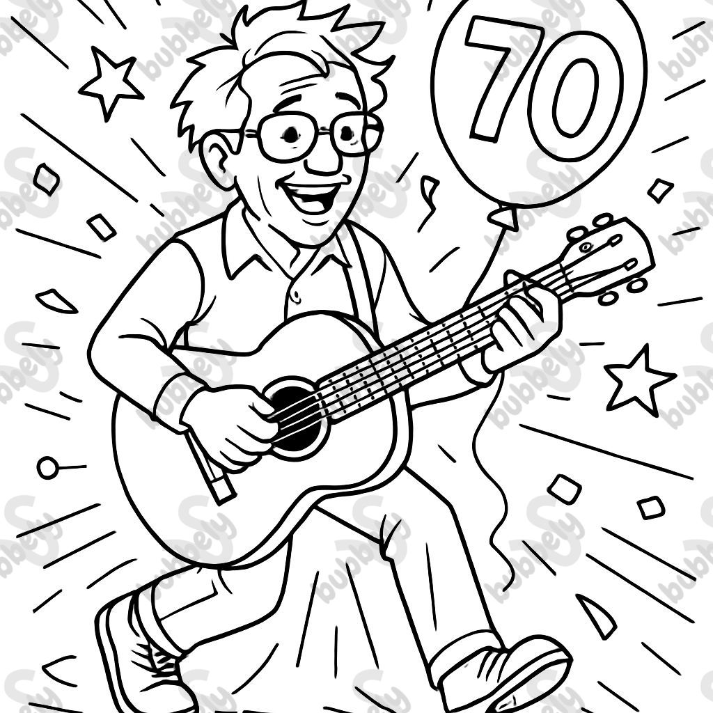 Einne älteren Mann. Er feiert seinen 70. Geburtstag. Er spielt Gitarre, trägt Brille, seine Haare sind etwas Wirr, er hat keinen Bart Einne älteren Mann. Er feiert seinen 70. Geburtstag. Er spielt Gitarre, trägt Brille, seine Haare sind etwas Wirr, er hat keinen Bart