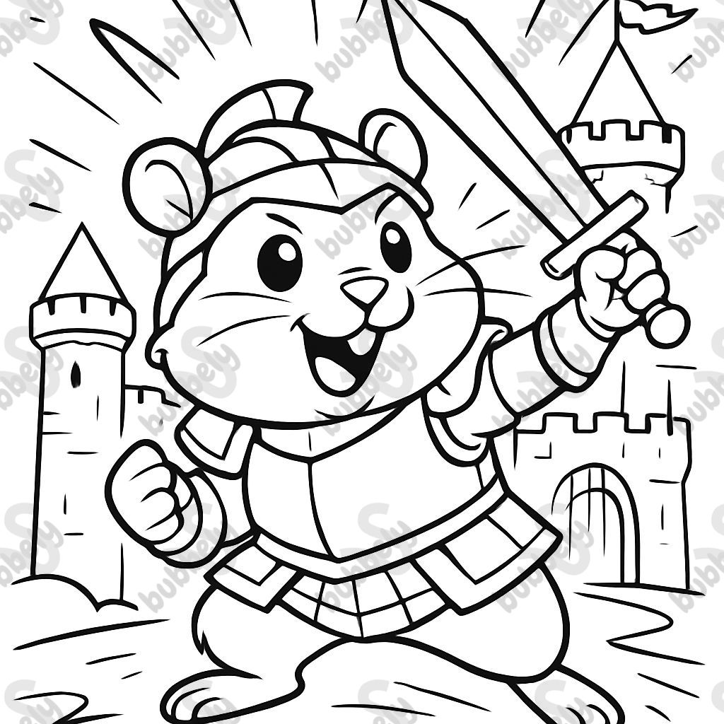 A cute hamster wearing knight armor with a sword, standing in front of a castle A cute hamster wearing knight armor with a sword, standing in front of a castle