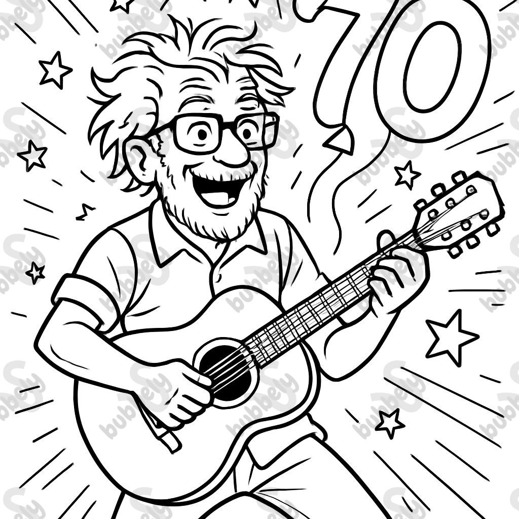 An elderly man celebrating his 70th birthday. He is playing the guitar, wearing glasses, and has a bit messy hair. An elderly man celebrating his 70th birthday. He is playing the guitar, wearing glasses, and has a bit messy hair.