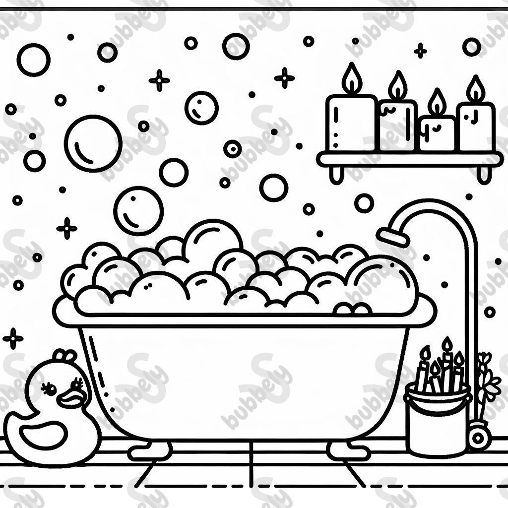 Eine Badewanne mit Blasen, einem Gummienten und einem Regal voller Kerzen. Eine Badewanne mit Blasen, einem Gummienten und einem Regal voller Kerzen.