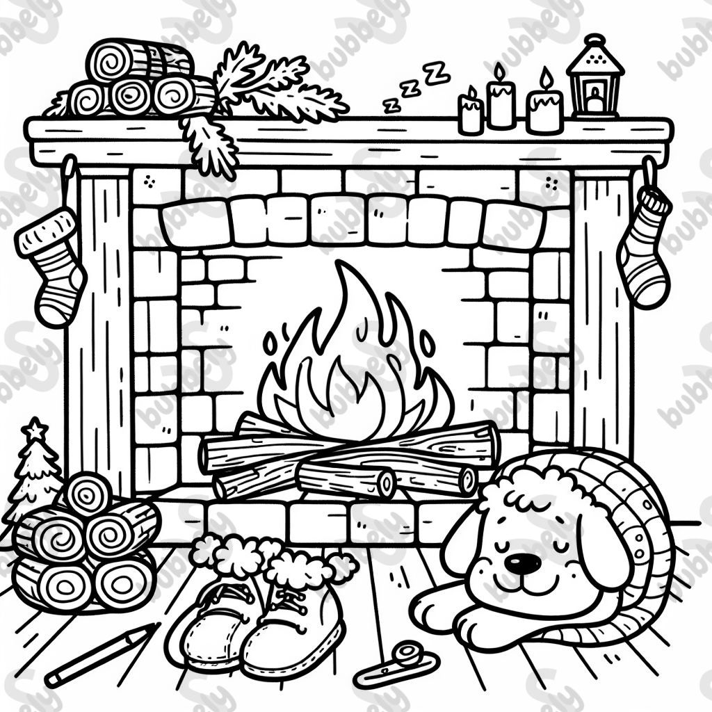 A fireplace with crackling logs, a pair of slippers, and a sleeping dog. A fireplace with crackling logs, a pair of slippers, and a sleeping dog.