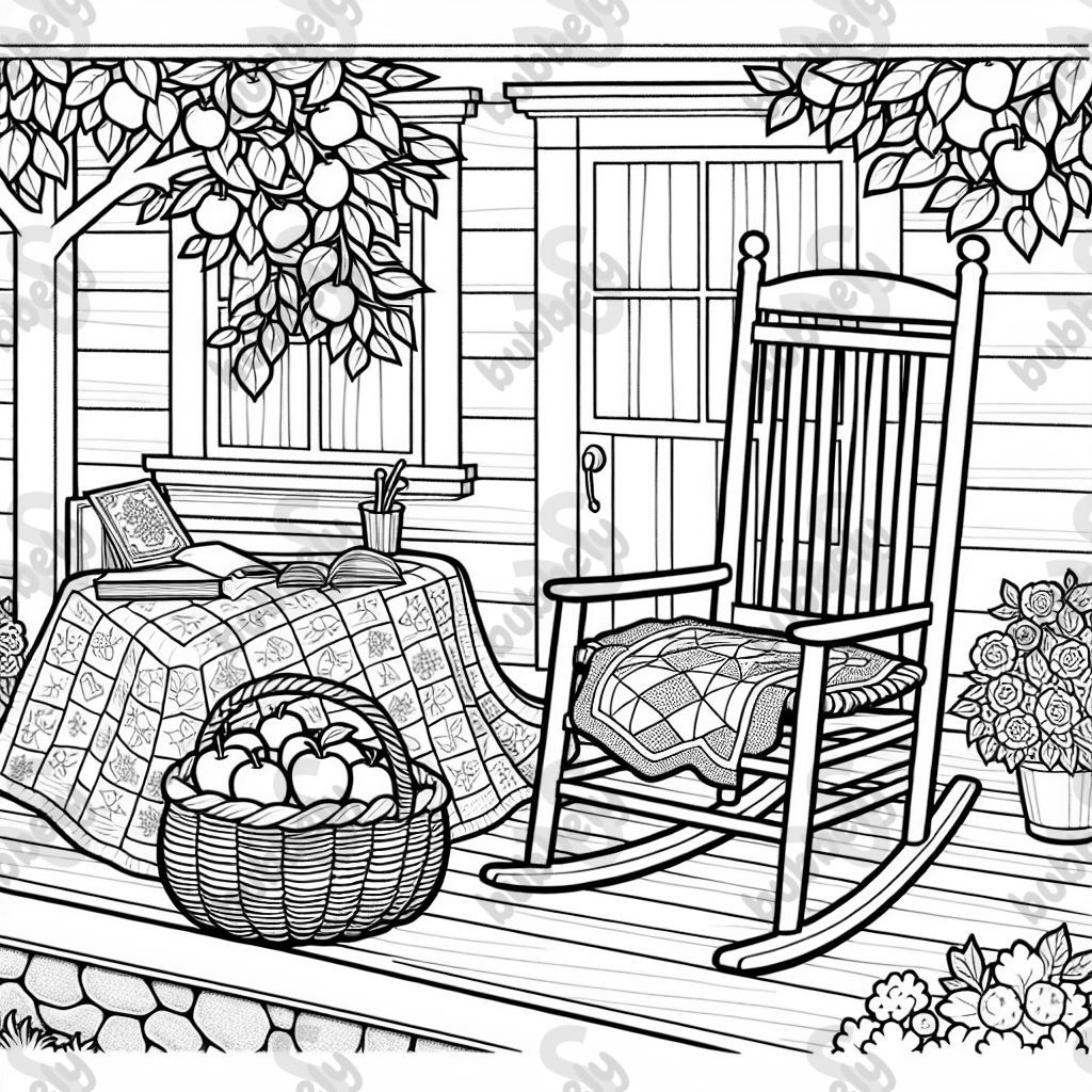 A rocking chair on a farmhouse porch with a quilt and a basket of apples. A rocking chair on a farmhouse porch with a quilt and a basket of apples.