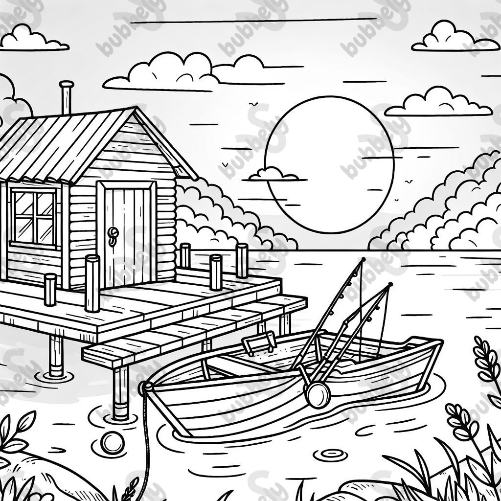 A little boat docked by a lakeside cabin with fishing poles and a sunset. A little boat docked by a lakeside cabin with fishing poles and a sunset.