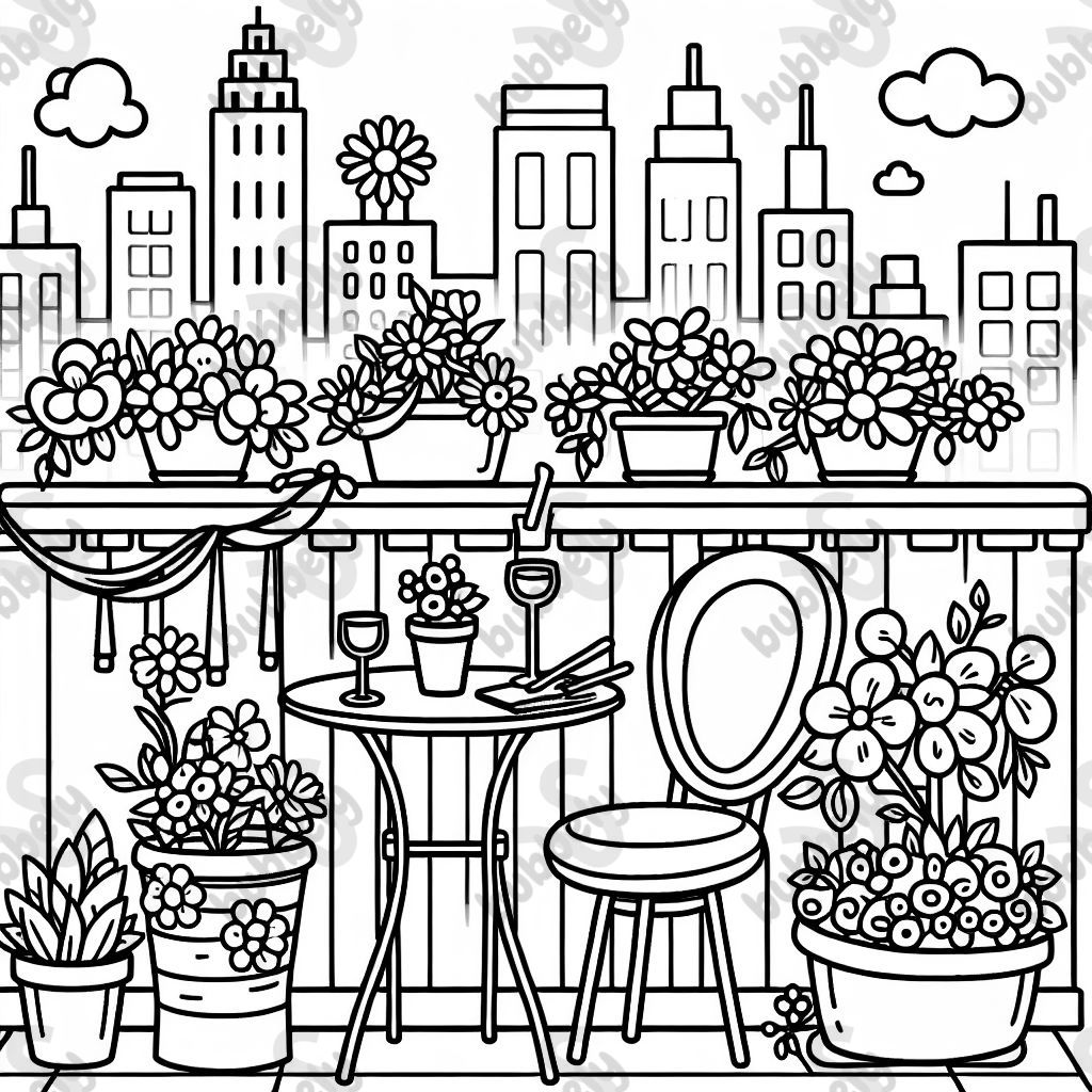 Un petit balcon avec des pots de fleurs, un ensemble bistro et une skyline de la ville. Un petit balcon avec des pots de fleurs, un ensemble bistro et une skyline de la ville.