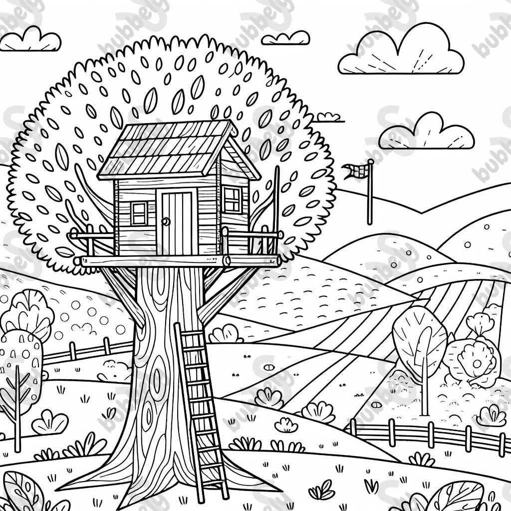 Una casa en un árbol con una escalera, una pequeña bandera y vista de colinas onduladas. Una casa en un árbol con una escalera, una pequeña bandera y vista de colinas onduladas.