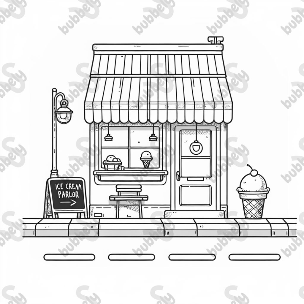 A tiny ice cream parlor with a striped awning and a chalkboard menu. A tiny ice cream parlor with a striped awning and a chalkboard menu.