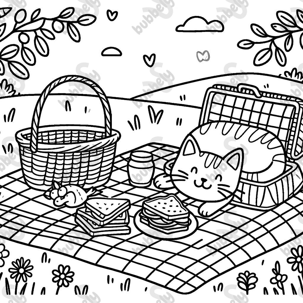 Une couverture de pique-nique dans une prairie avec un panier, des sandwiches et un chat paresseux. Une couverture de pique-nique dans une prairie avec un panier, des sandwiches et un chat paresseux.