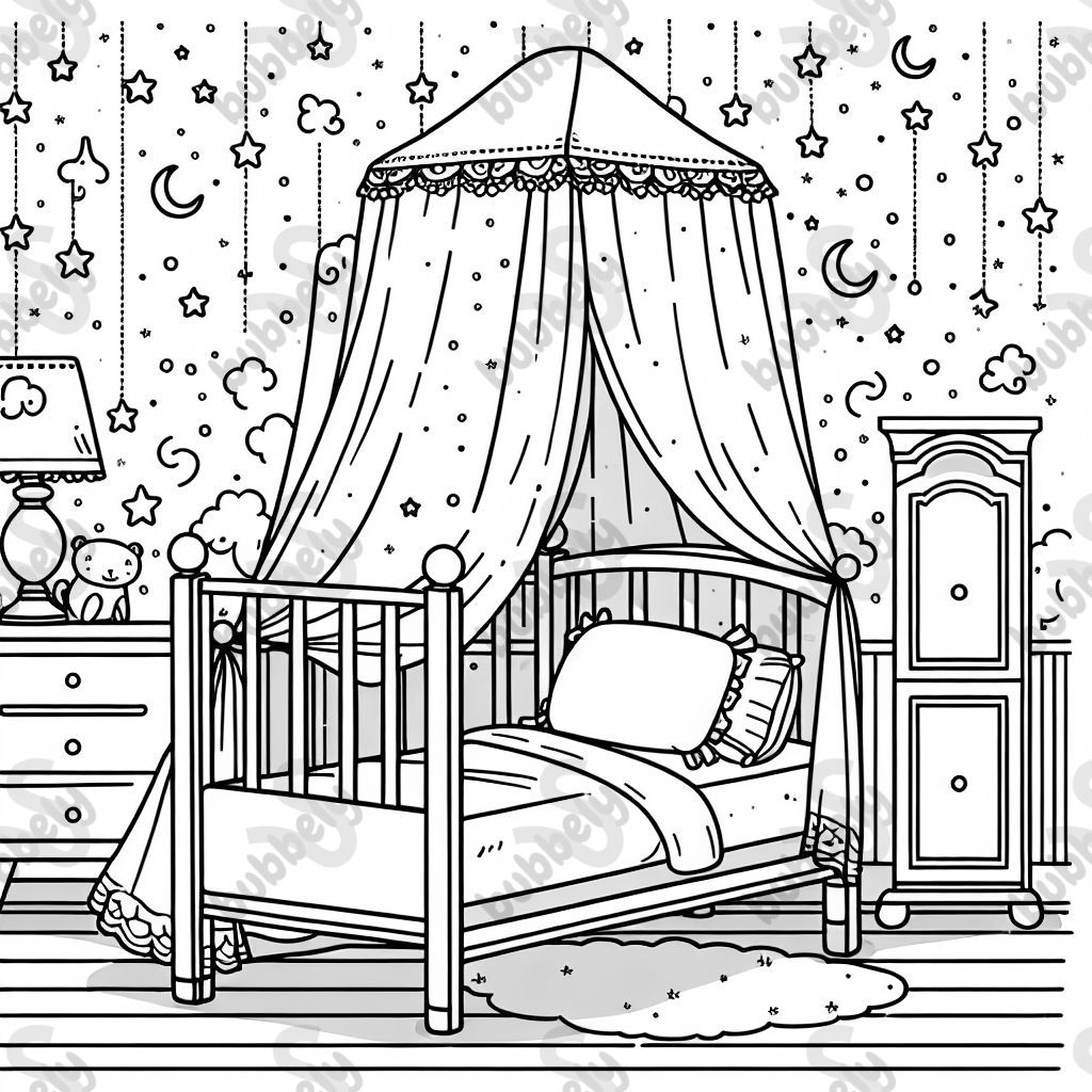 A bedroom with a canopy bed, starry night wallpaper, and a dreamy atmosphere. A bedroom with a canopy bed, starry night wallpaper, and a dreamy atmosphere.