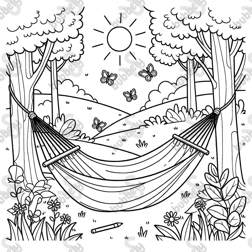 A hammock between two trees in a sunny garden with butterflies fluttering around. A hammock between two trees in a sunny garden with butterflies fluttering around.