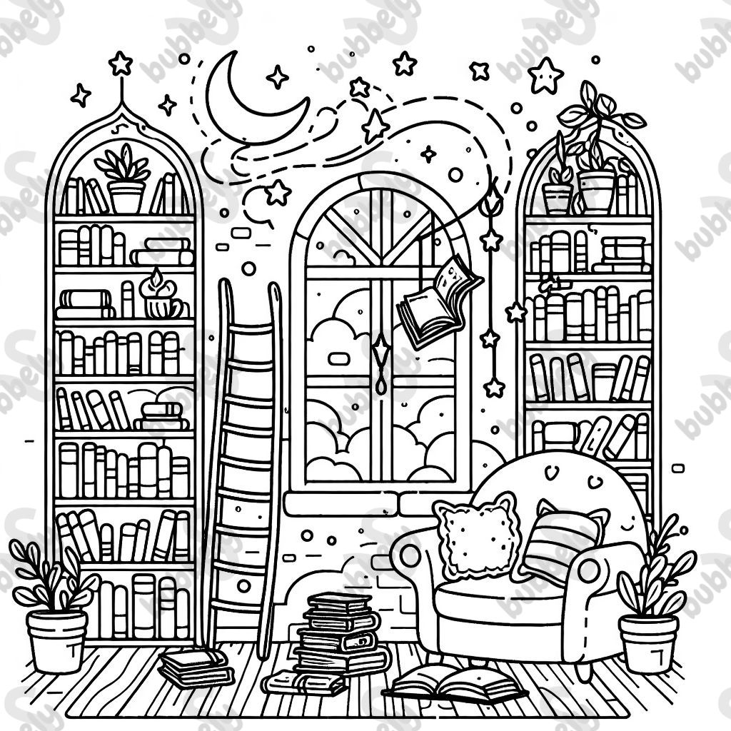 A magical library with floating books, a ladder, and a cozy reading corner. A magical library with floating books, a ladder, and a cozy reading corner.
