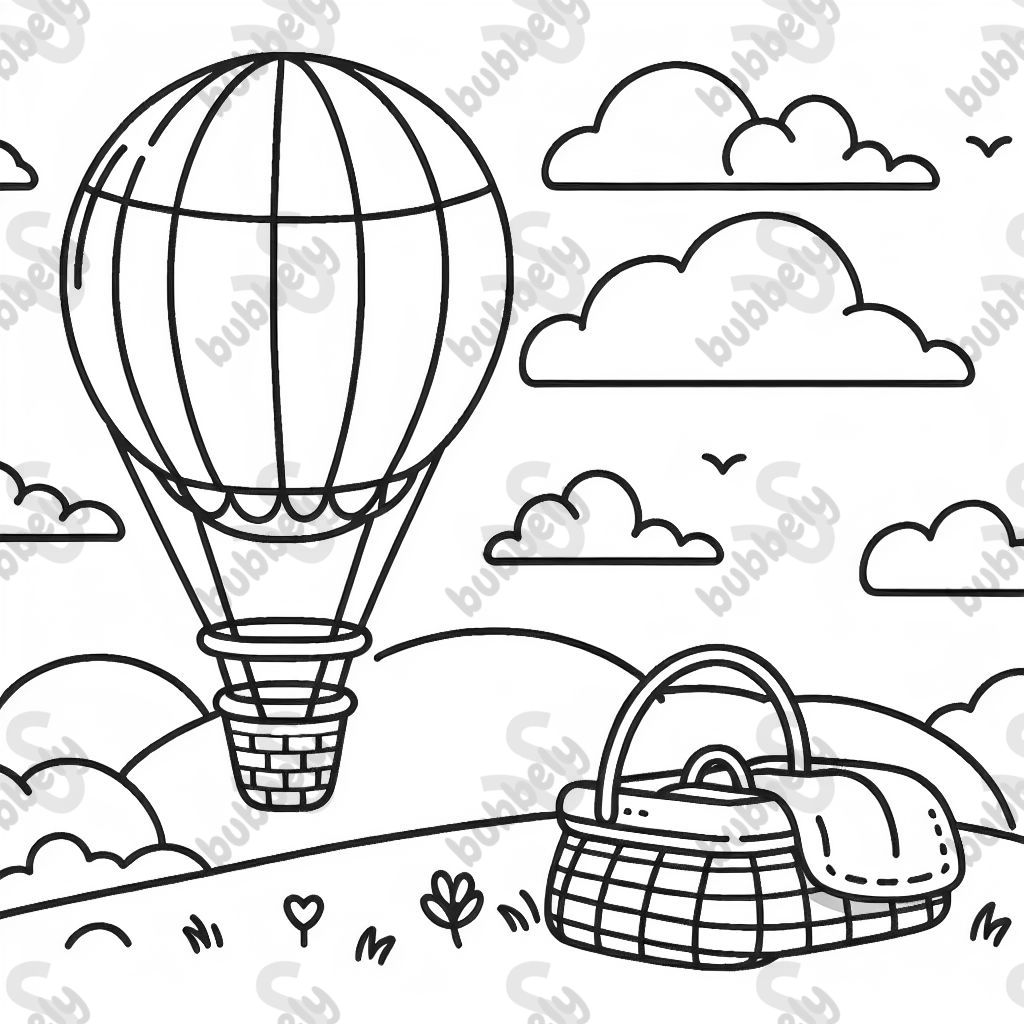 Un globo aerostático con una cesta de picnic, mantas y una vista de nubes esponjosas. Un globo aerostático con una cesta de picnic, mantas y una vista de nubes esponjosas.