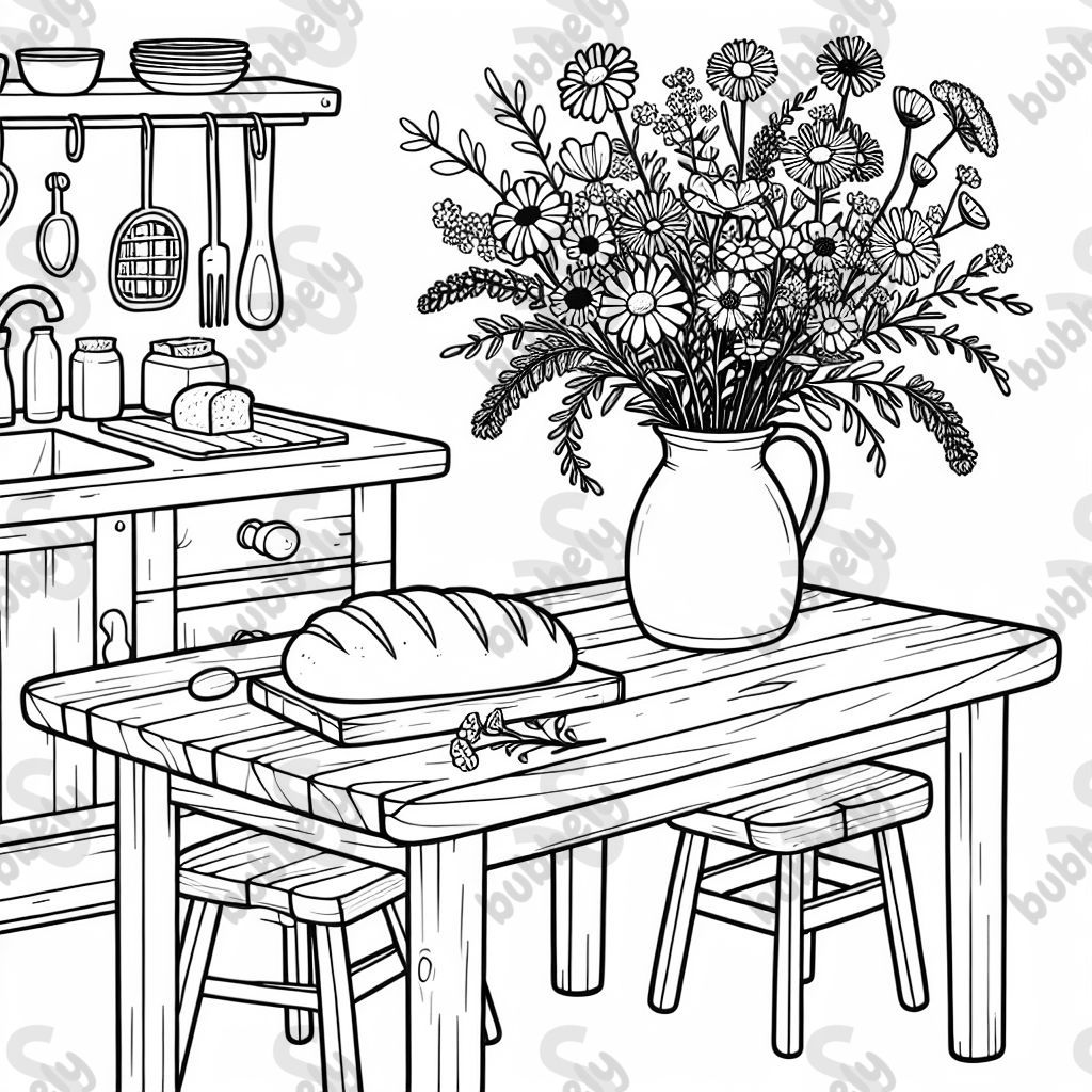Une cuisine rustique avec une table en bois, du pain frais et un vase de fleurs sauvages. Une cuisine rustique avec une table en bois, du pain frais et un vase de fleurs sauvages.
