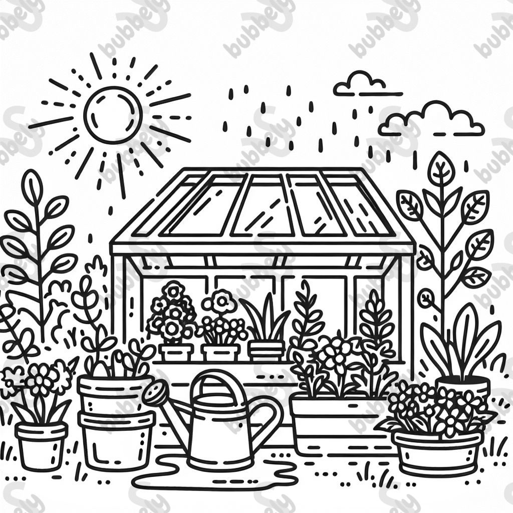 A small greenhouse filled with potted plants, a watering can, and sunshine streaming in. A small greenhouse filled with potted plants, a watering can, and sunshine streaming in.