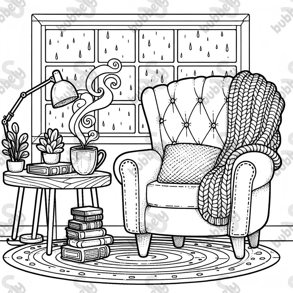 Un fauteuil en peluche surdimensionné avec des coutures visibles et des détails capitonnés, niché à côté d'une table d'appoint en bois tenant une tasse de thé fumante (avec des tourbillons de vapeur visibles) et une pile de trois livres avec des dos décoratifs. Une couverture tricotée drape sur le fauteuil, et un tapis rond avec un motif géométrique se trouve en dessous. Une petite plante en pot et une lampe de lecture avec un abat-jour en tissu complètent la scène. La fenêtre à l'arrière-plan montre de douces traces de pluie. Un fauteuil en peluche surdimensionné avec des coutures visibles et des détails capitonnés, niché à côté d'une table d'appoint en bois tenant une tasse de thé fumante (avec des tourbillons de vapeur visibles) et une pile de trois livres avec des dos décoratifs. Une couverture tricotée drape sur le fauteuil, et un tapis rond avec un motif géométrique se trouve en dessous. Une petite plante en pot et une lampe de lecture avec un abat-jour en tissu complètent la scène. La fenêtre à l'arrière-plan montre de douces traces de pluie.