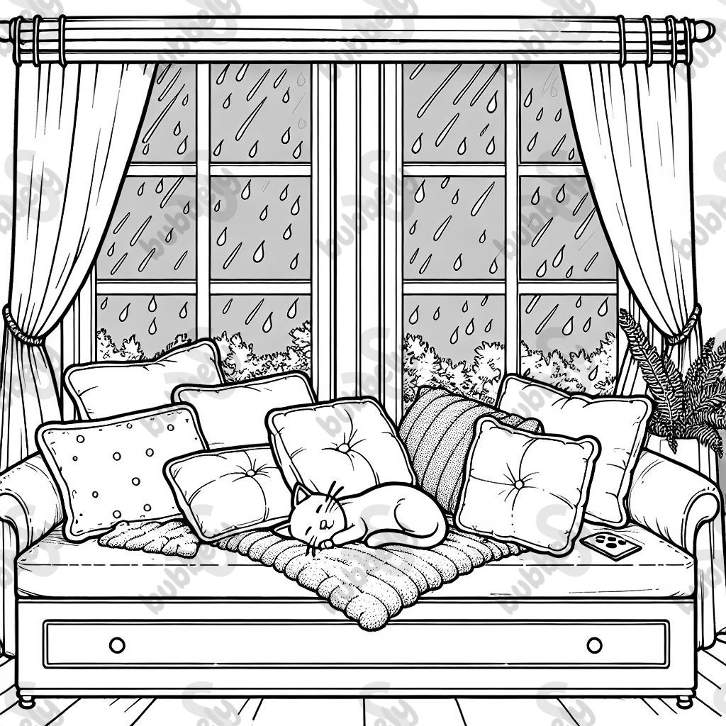 Un asiento junto a la ventana con almohadas mullidas, gotas de lluvia en el cristal y un gato durmiendo. Un asiento junto a la ventana con almohadas mullidas, gotas de lluvia en el cristal y un gato durmiendo.