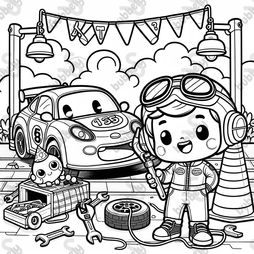 Create a 1st birthday coloring page for Benjamin. Theme is pit stop racer. Create a small space to write name. Make this doable for 1-3 year olds. Create a 1st birthday coloring page for Benjamin. Theme is pit stop racer. Create a small space to write name. Make this doable for 1-3 year olds.
