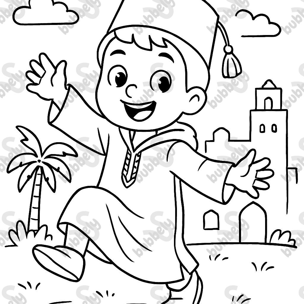 Un niño con una djellaba y un sombrero marroquí que está bailando. Un niño con una djellaba y un sombrero marroquí que está bailando.