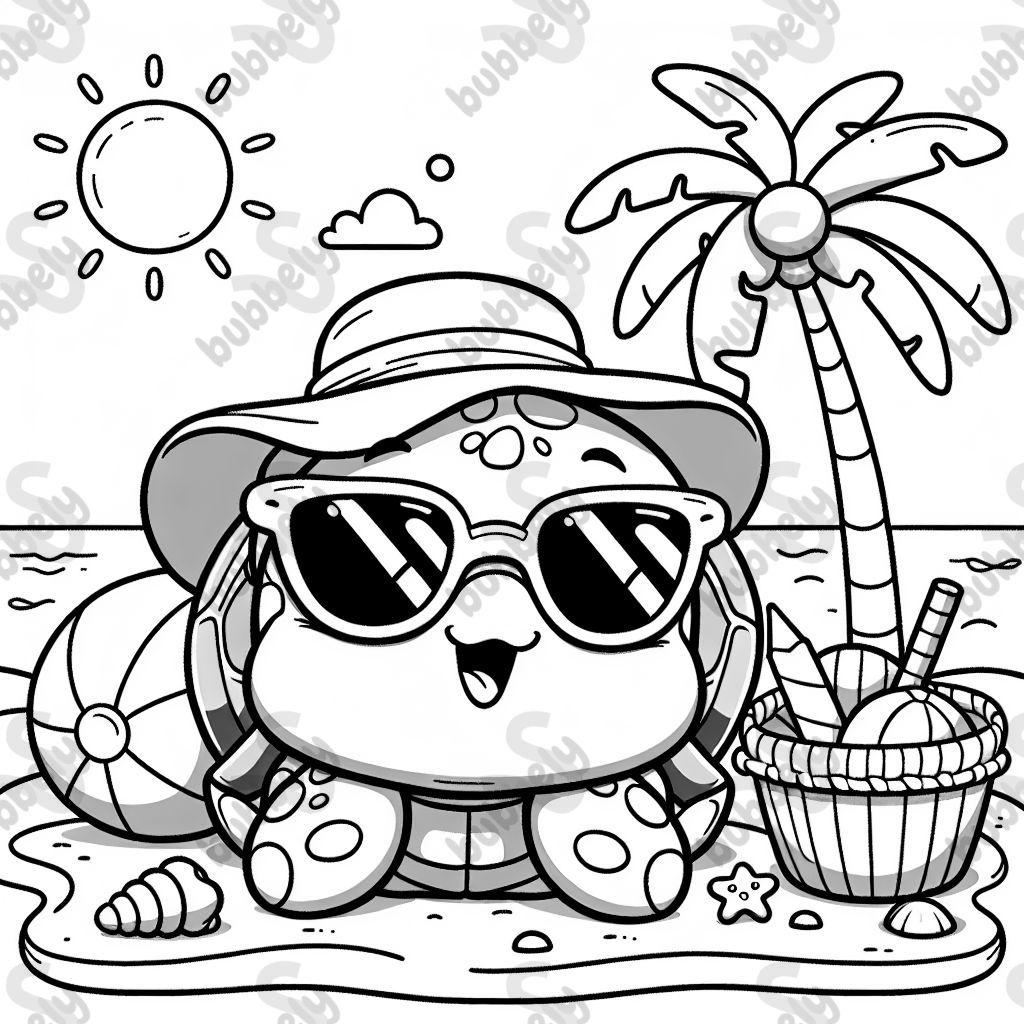 Süße Schildkröte mit großem Kopf, Hut und Sonnenbrille am Strand