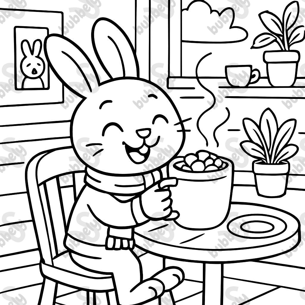 Conejito bebiendo chocolate caliente dentro de un café acogedor Conejito bebiendo chocolate caliente dentro de un café acogedor