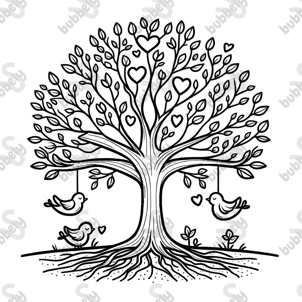 A sturdy tree with roots and branches symbolizing family, strength, and connection. Include heart-shaped leaves or two little birds perched in the branches. A sturdy tree with roots and branches symbolizing family, strength, and connection. Include heart-shaped leaves or two little birds perched in the branches.