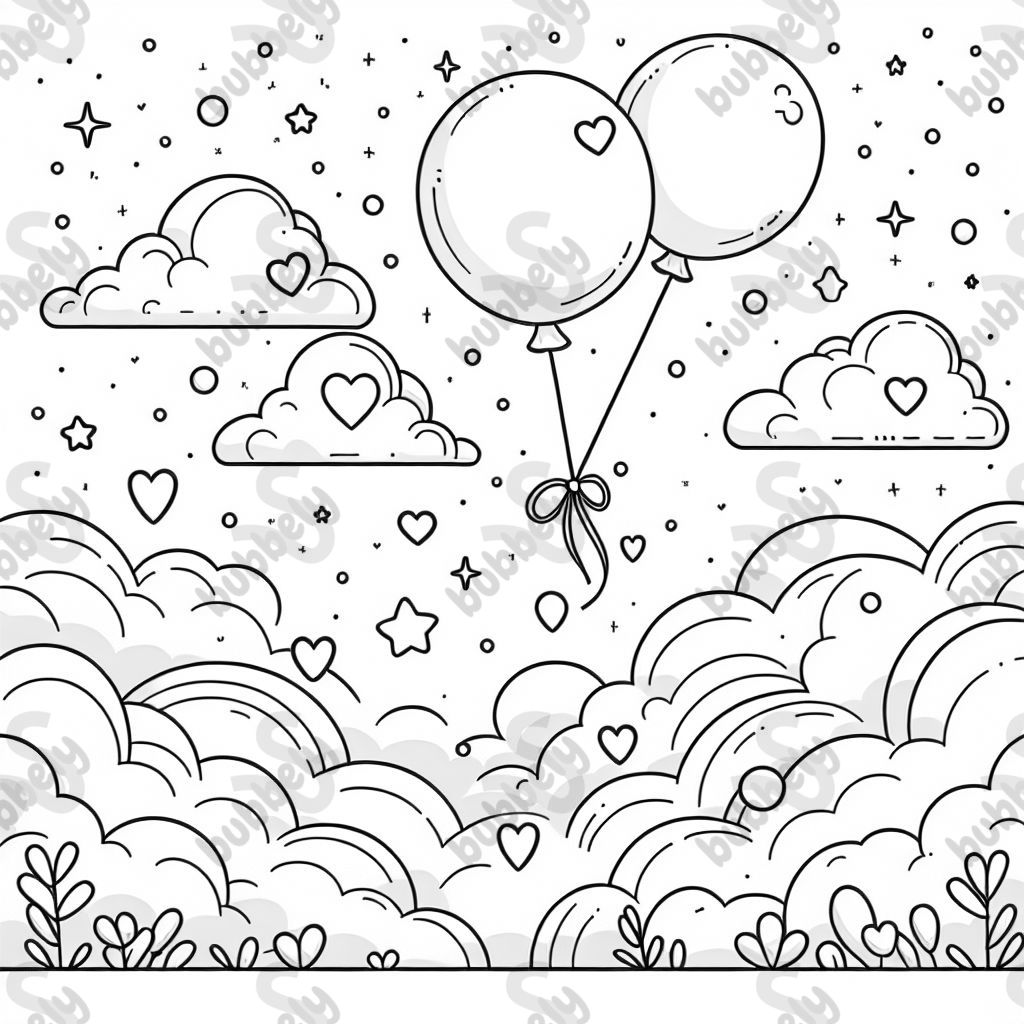 Two balloons rising gently into the sky, surrounded by fluffy clouds with subtle hearts or stars Two balloons rising gently into the sky, surrounded by fluffy clouds with subtle hearts or stars