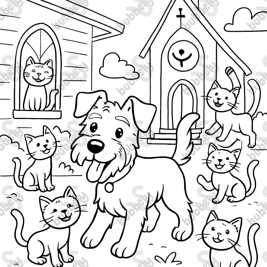 Un perro terrier de tamaño mediano y 7 gatos en una iglesia humanista. Un perro terrier de tamaño mediano y 7 gatos en una iglesia humanista.