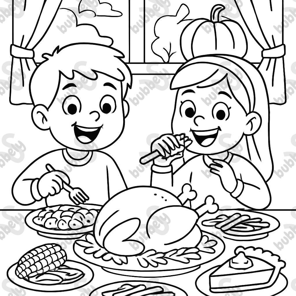 boy and girl eating thanksgiving dinner with turkey, corn on the cob, sliced carrots, mashed potatoes, green beans and pumpkin pie boy and girl eating thanksgiving dinner with turkey, corn on the cob, sliced carrots, mashed potatoes, green beans and pumpkin pie