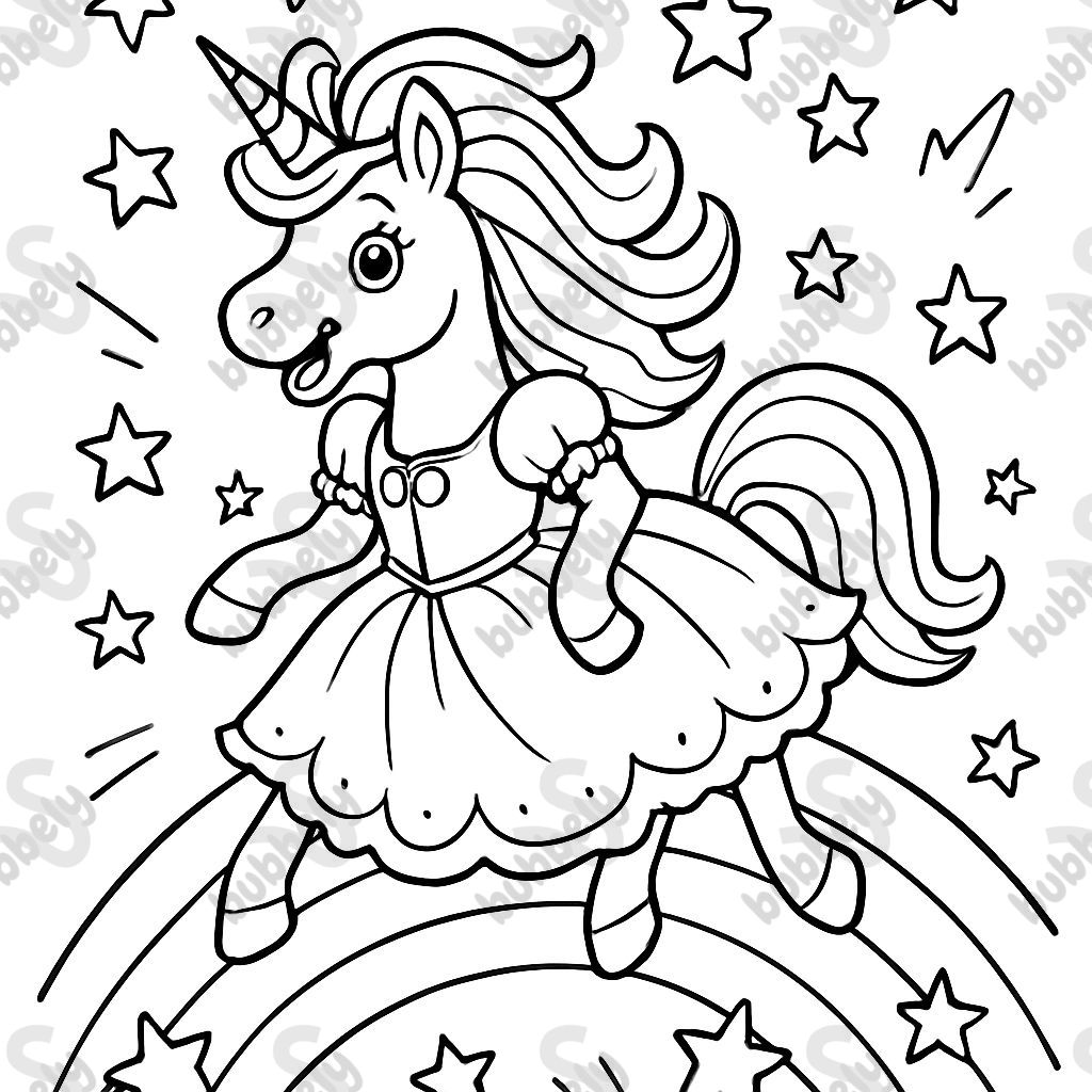 Un unicornio en un hermoso vestido de princesa con cabello ondulado rodeado de un arcoíris de estrellas Un unicornio en un hermoso vestido de princesa con cabello ondulado rodeado de un arcoíris de estrellas
