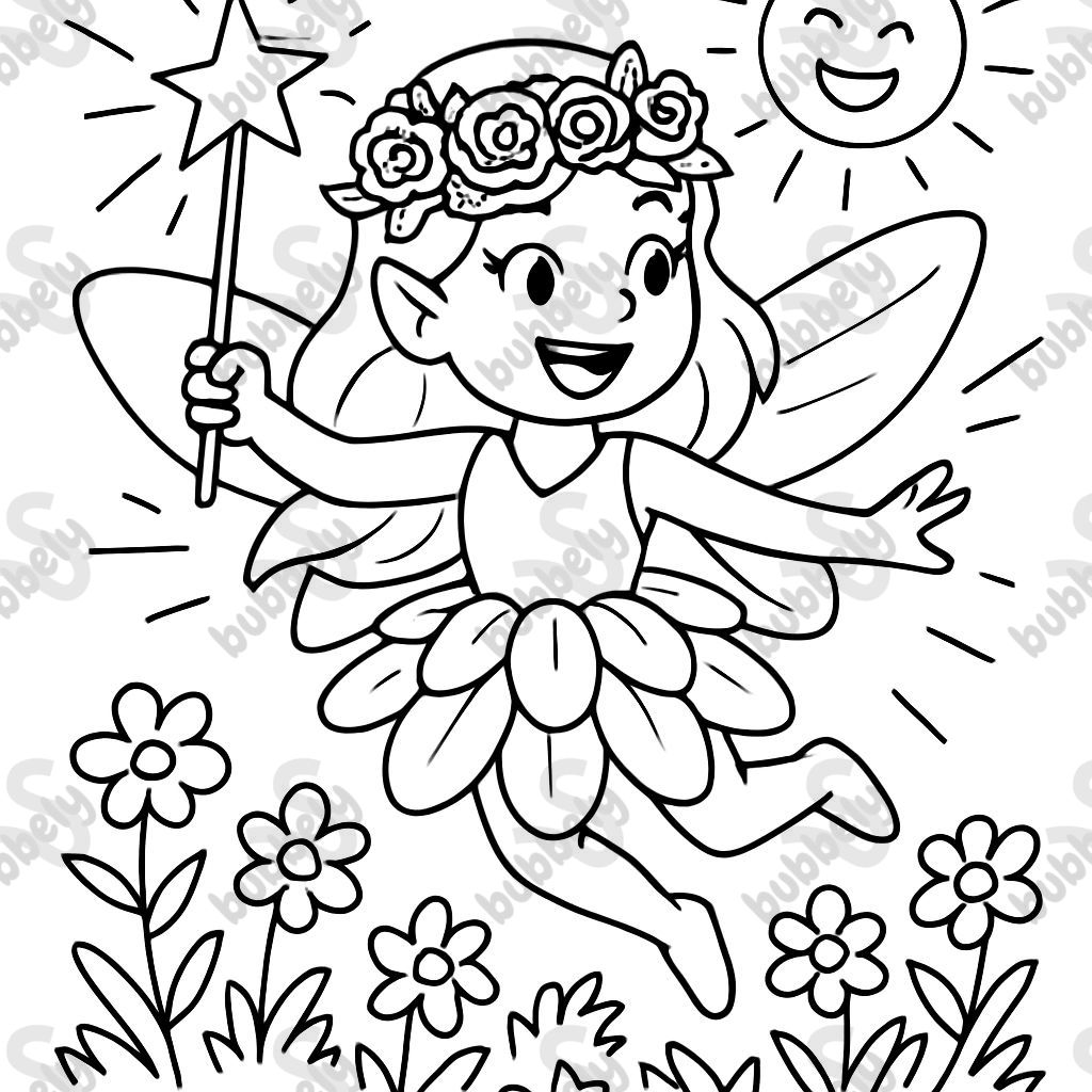 A fairy with a flower dress and rose crown holding a magic wand in a flower meadow where the sun shines. A fairy with a flower dress and rose crown holding a magic wand in a flower meadow where the sun shines.